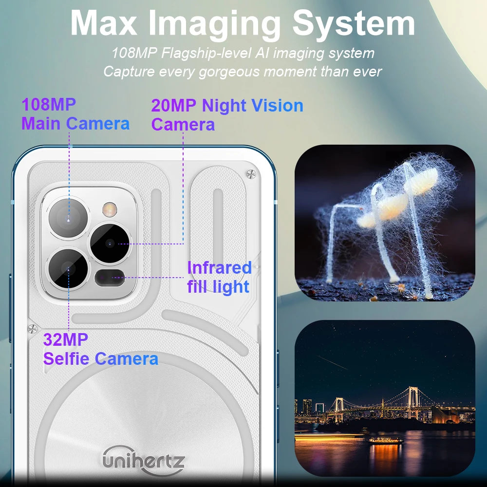 Unihertz Luna Smartphone Rhythm Ambient LED strip Music Phone 8GB RAM 256GB ROM 108MP G99 Mobile Phone Night Vision Cellphone
 4G Android smartphone featuring a transparent back with RGB "Loop Breathing Light" LED strips that