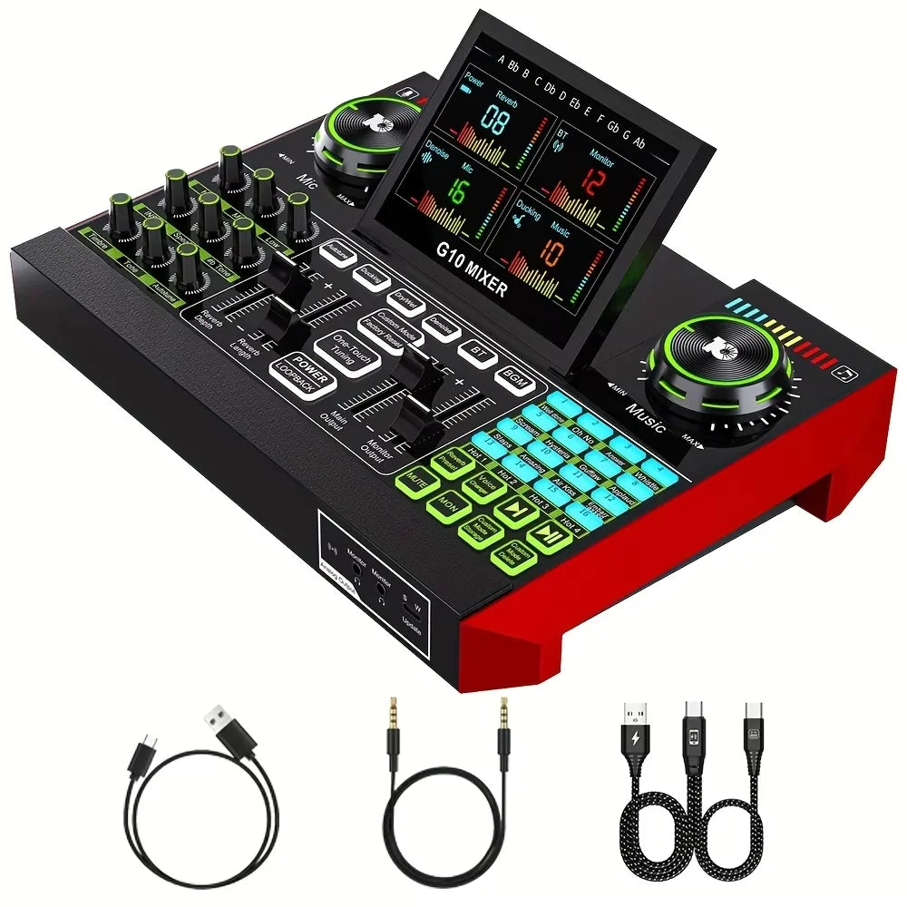 DJ mixer console with colorful display and control elements, accompanied by cables on a white background.