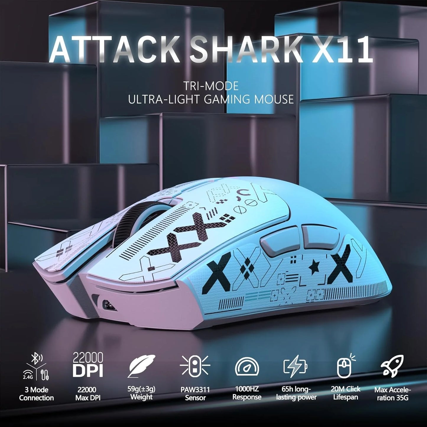 ATTACK SHARK X11 Wireless Gaming Mouse with RGB Magnetic Charging Dock, Wired/2.4G/BT, 22K DPI, Ultralight 59g  Multiple Colors