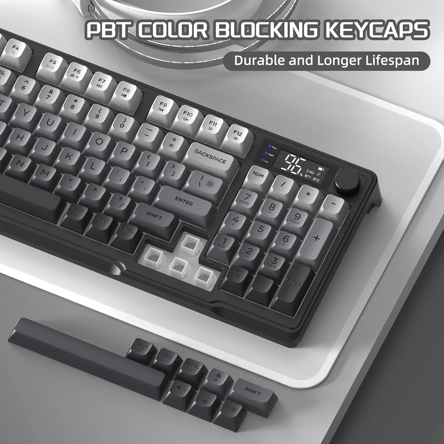 M96 Wireless Gaming Keyboard Creamy Membrane with Rainbow Backlight, Media Knob, LCD Screen, Dual Mode-Bluetooth/2.4Ghz,Ball Shape, Multiple colors