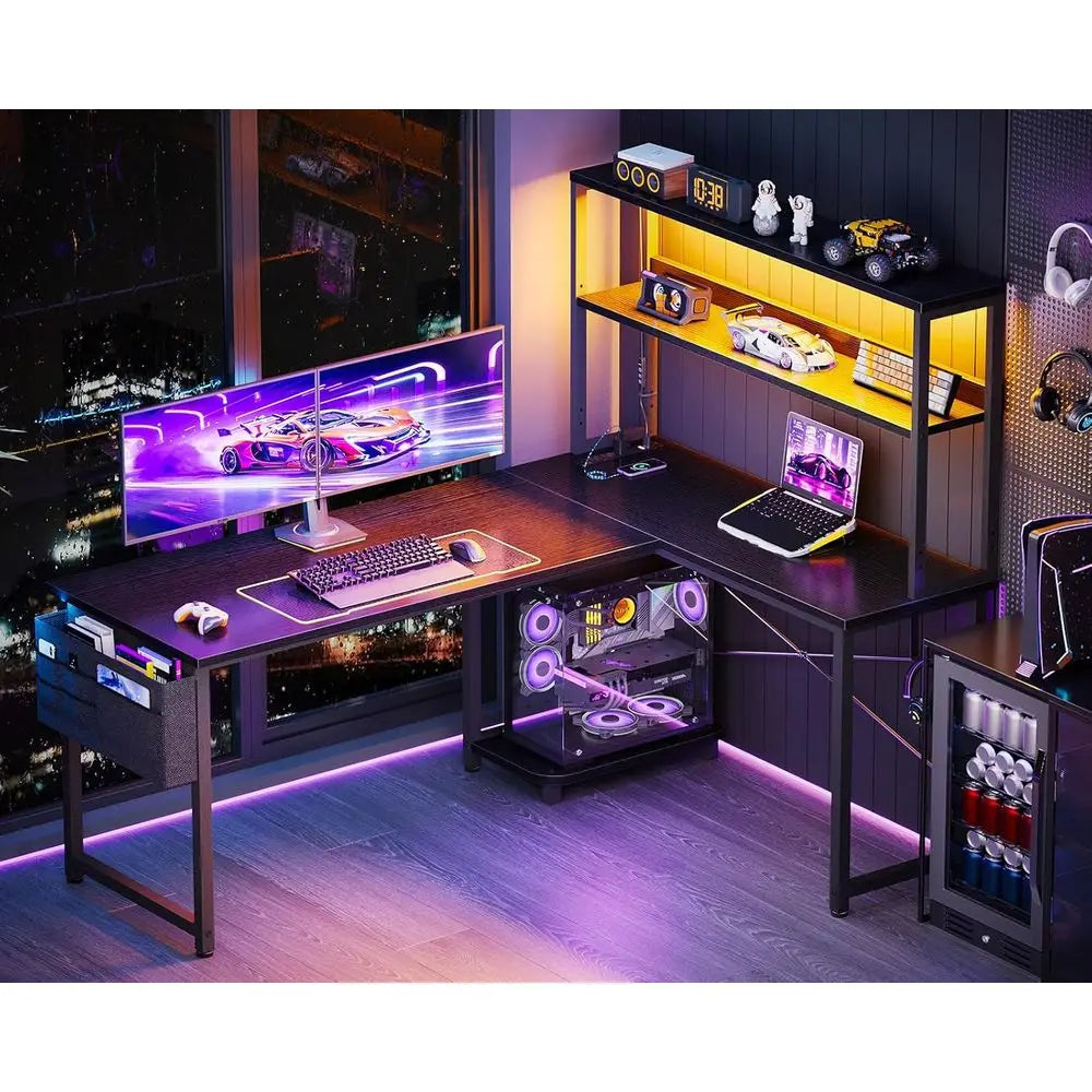 53 L-Shaped Gaming Desk with LED, Reversible, Power Outlets, Storage, Black