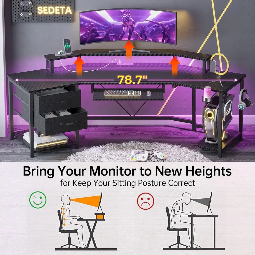 79" Gaming Desk, Computer Desk with 2 Fabric Drawers & LED Light, L Shaped Gaming Desk with Storage Shelf for Home, Customized