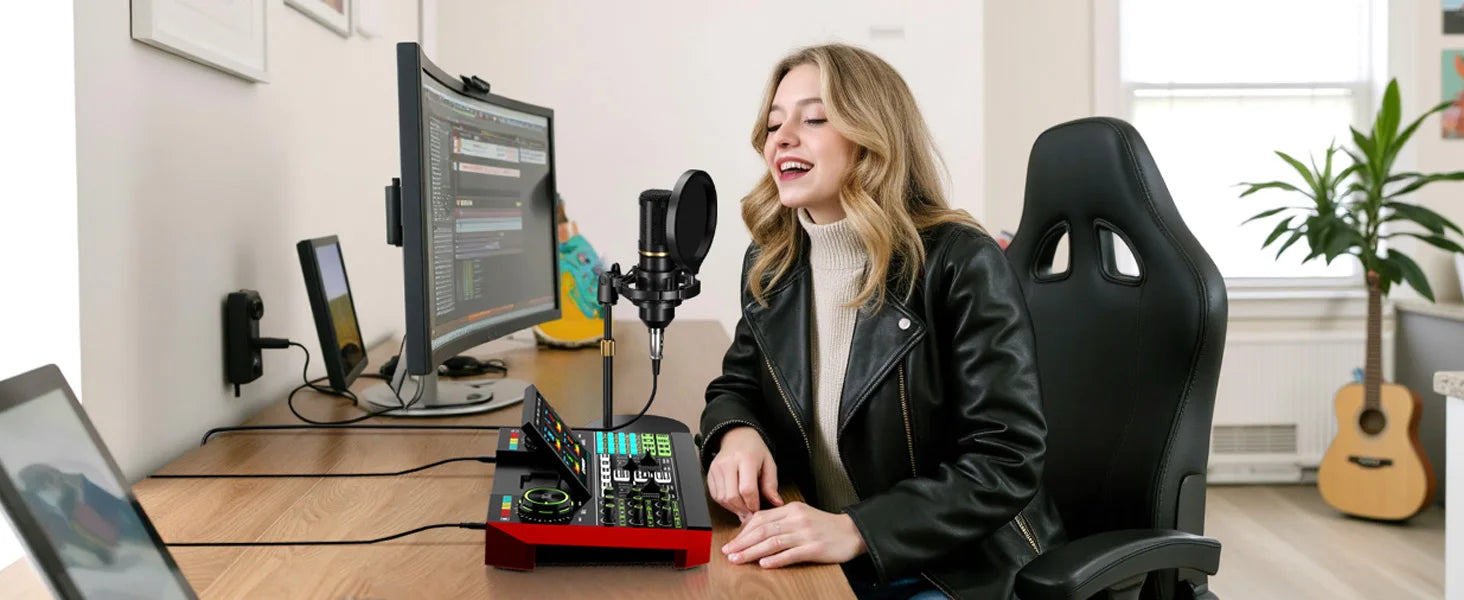 Portable audio mixer bundle with condenser microphone for podcasting, red compact mixer on desk with laptop and monitor