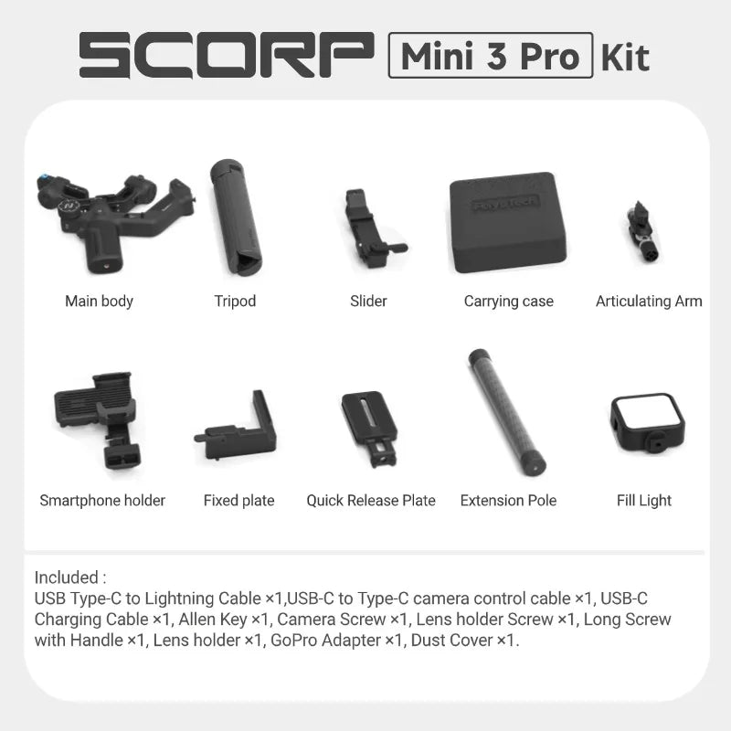 FeiyuTech SCORP Mini 3 Pro 3-in-1 Gimbal for Mirrorless, Action Cams and Smartphones with AI Tracking, 2 kg Load, 14 h Battery