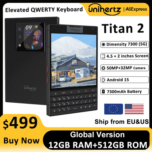 Unihertz Titan 2 Smartphone Android 15 with Physical Keyboard 5G Dimensity 7300 50MP Camera 24+512GB Dual Screen Dual SIM Phone
