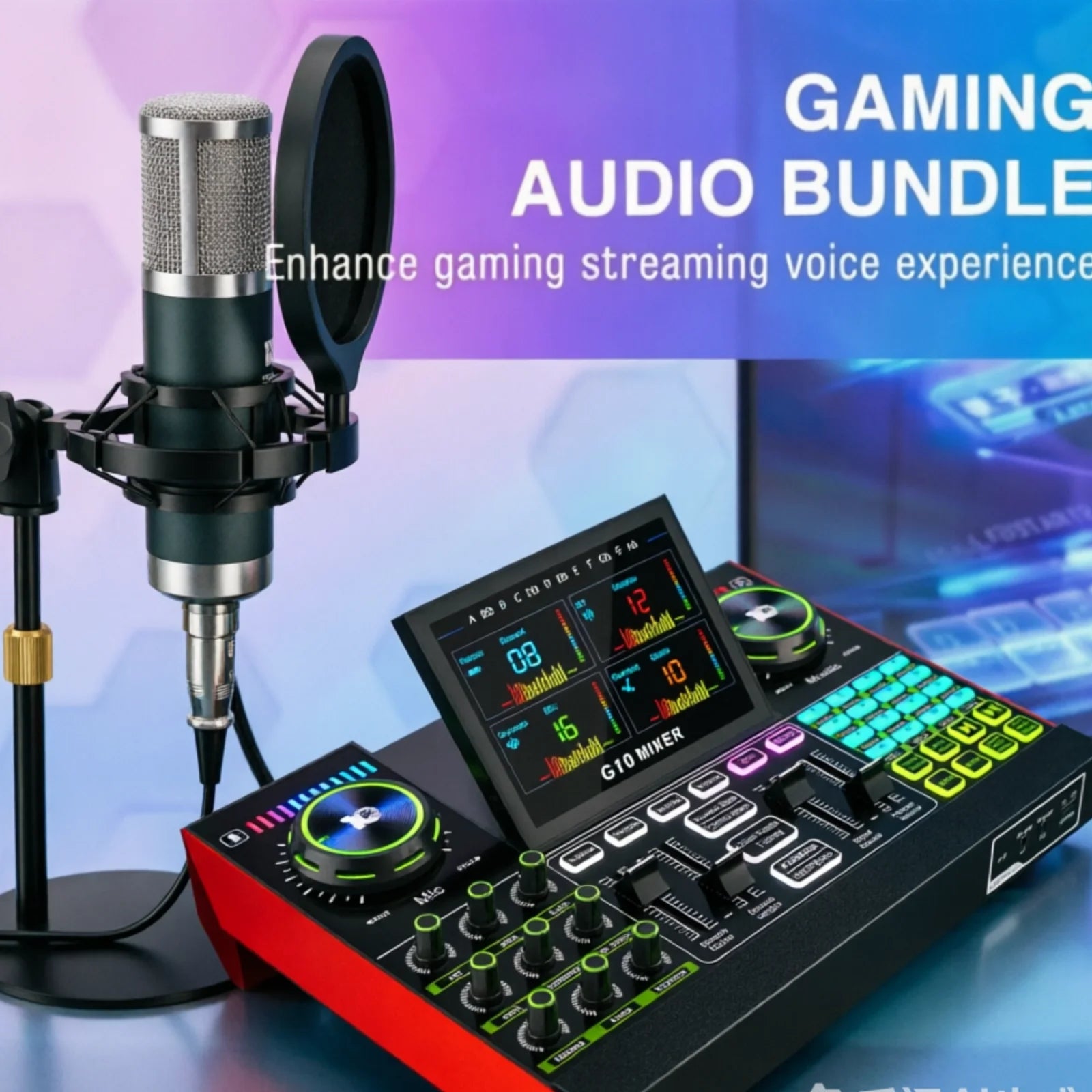 Portable audio mixer bundle with condenser microphone; red mixer with neon green knobs and pop filter (2-piece)