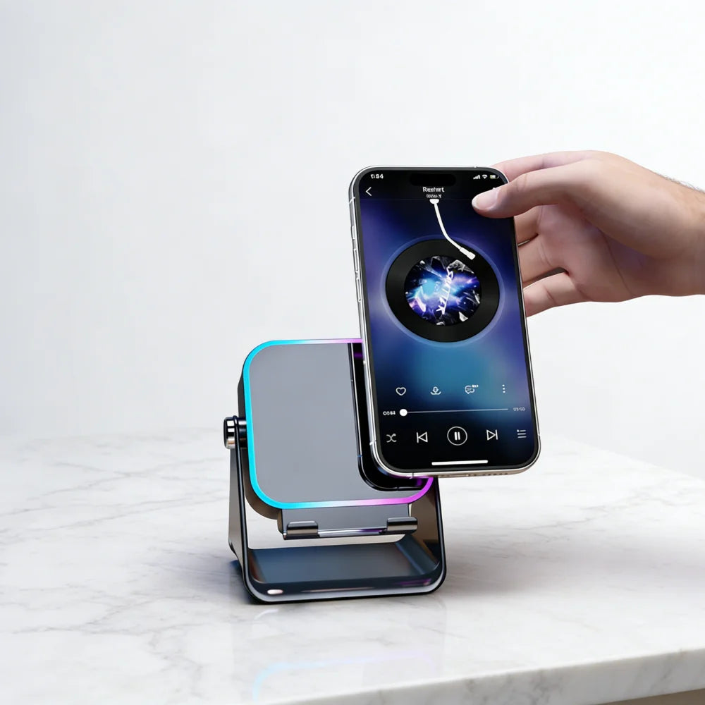 5in1 Wireless Induction Audio Speaker Stand with 3500mAh Rechargeable Power Bank 360° Adjustable Cellphone Holder