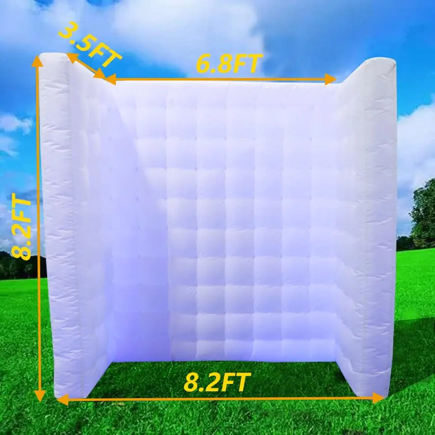 White Inflatable Photo Booth Wall - 8.2x8.2x3.5ft Portable Backdrop with Built-In Fan & LED Lighting"