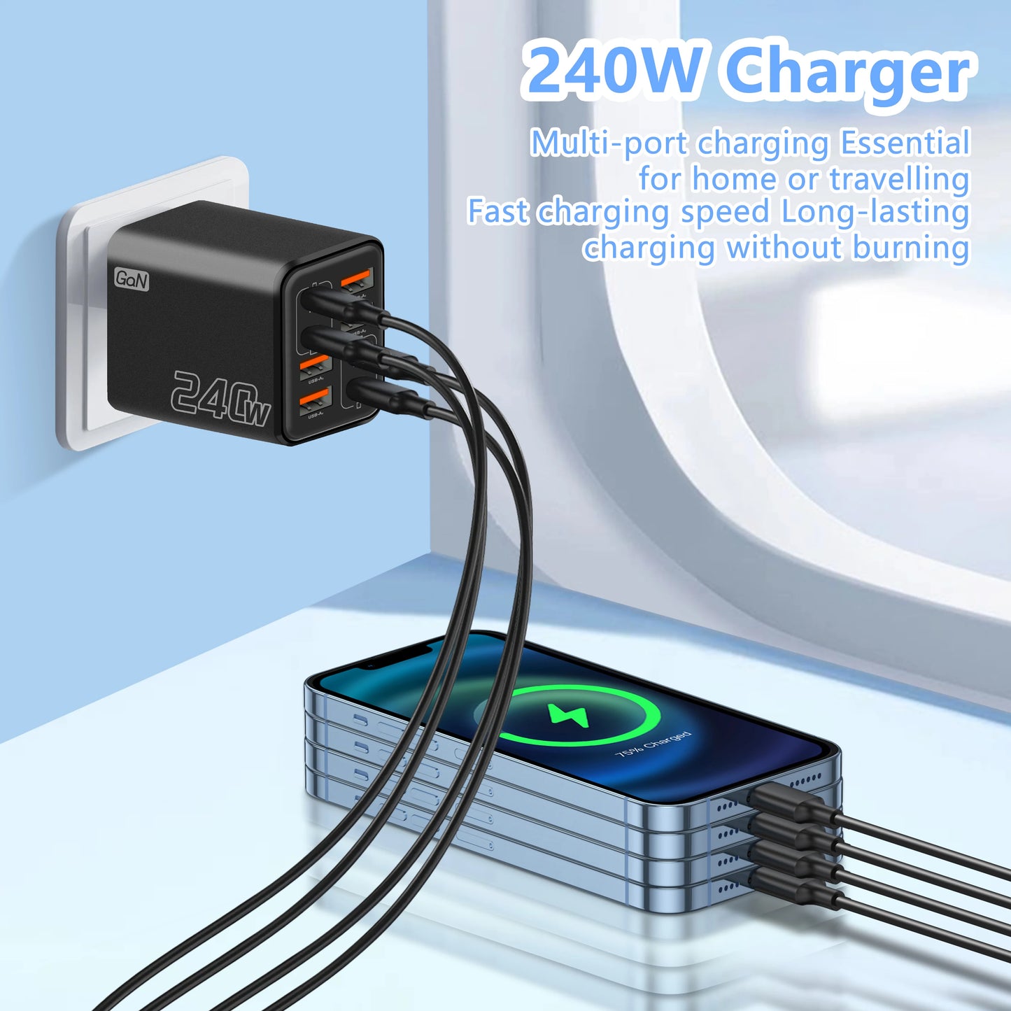 240W GaN USB C Charger 8 in 1 Fast Charging Phone Charger Power Adapter For iPhone Samsung Xiaomi Type C EU/US Plug Wall Charger **Ships from China**