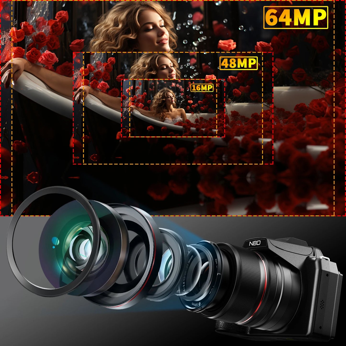 NBD 64MP Digital Cameras for Photography, 16X Optical Zoom Camera with WiFi & App Control, Vlogging Camera with 180°Flipable Screen