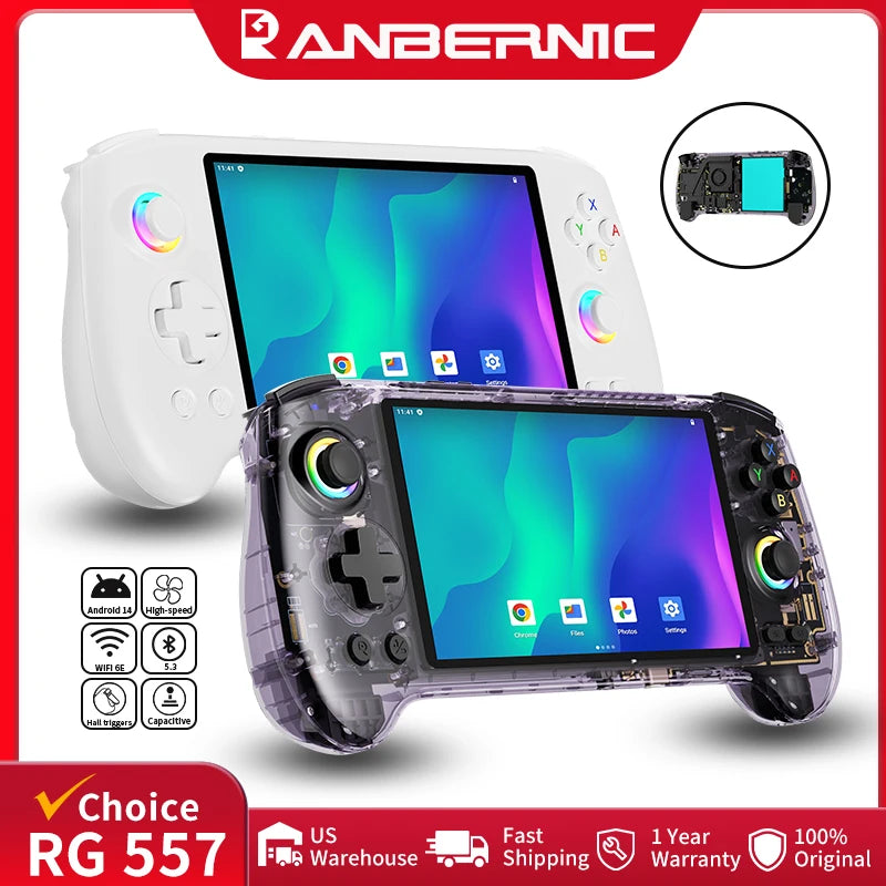 Anbernic RG557 retro handheld gaming console with AMOLED screen