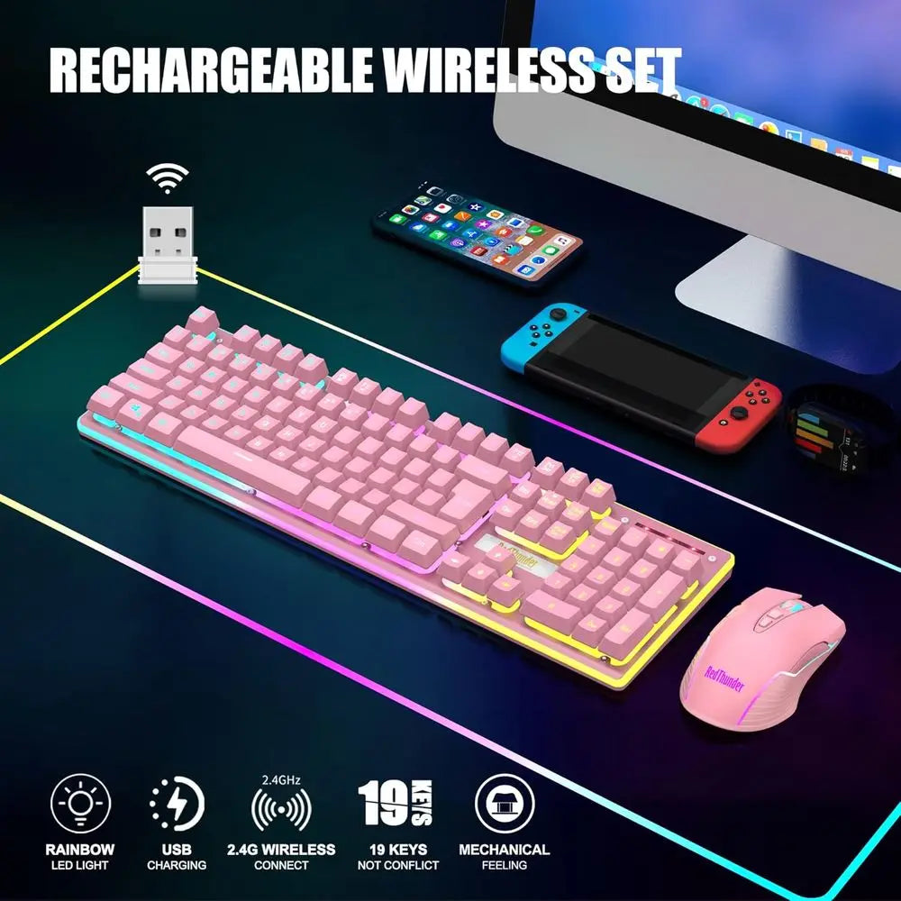 Wireless Pink Gaming Keyboard and Mouse Set, LED Backlit, Rechargeable 3800mAh, Mechanical Key Anti-ghosting + 7D 3200DPI Gaming Mouse