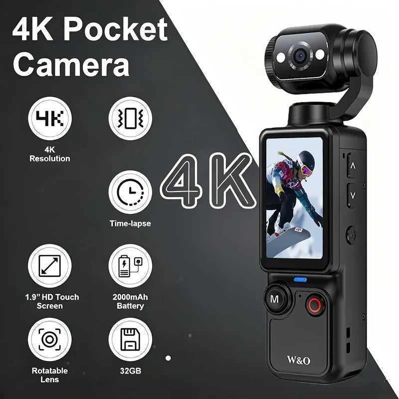 Ultra HD 4K Sports Camcorder, Ultra Light Body for Travel & Vlog, Comes with 32GB Memory Card and Tripod, Anti-Shock Stabilization, 180° Adjustable Flip Screen, Auto Focus, 2000mAh Rechargeable Battery *Ships From US*