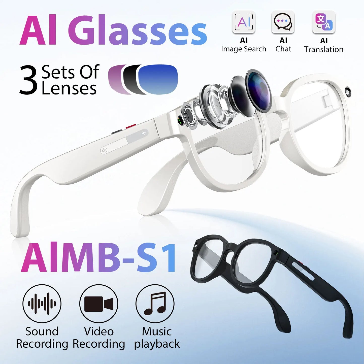 Gemirels new generation of high-value smart glasses, dual cameras, AI image recognition glasses, 2.07 million pixel photography, WIFI transmission, intelligent anti shake, 290mAh battery, translation glasses, camera glasses,