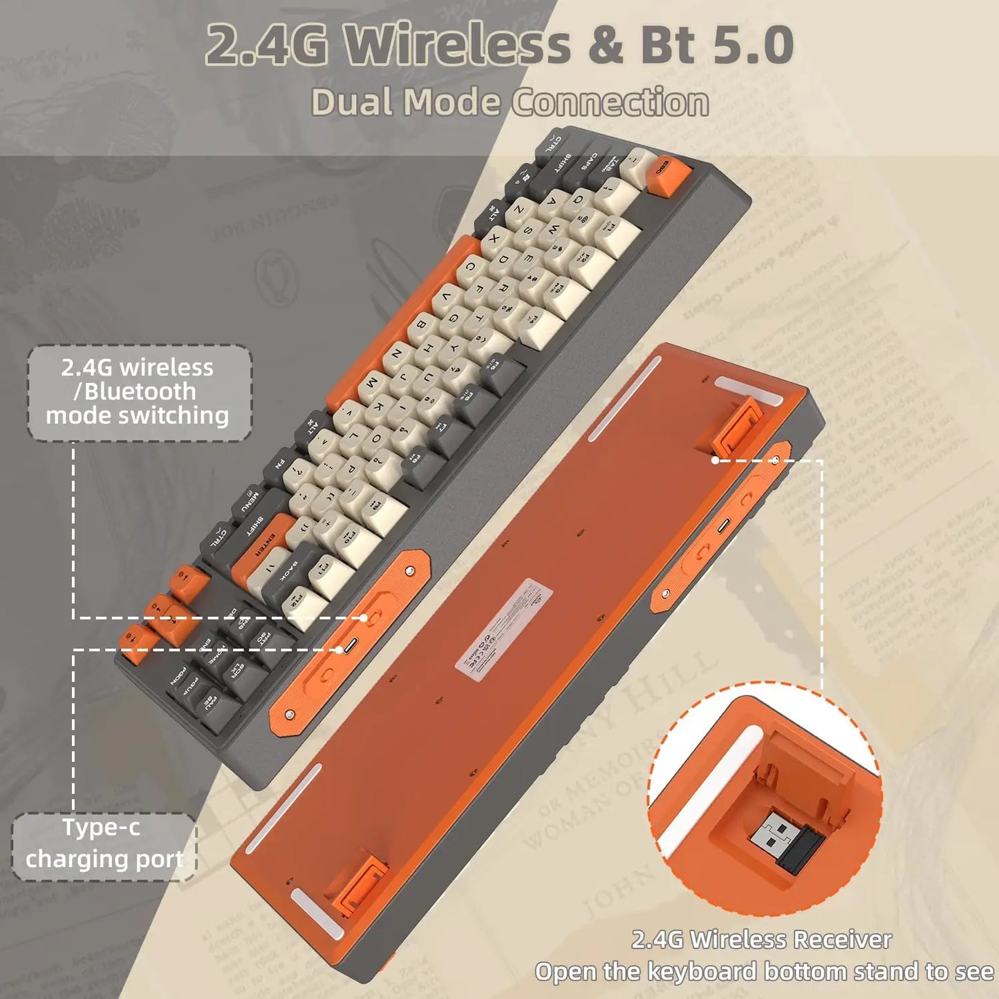 M87 Wireless Gaming Keyboard, Bluetooth 5.0/2.4GHz with Dual Mode 2-in-1 Receiver, 87 Keys TKL Rainbow LED Backlit Quiet Keyboard Multiple Flavors