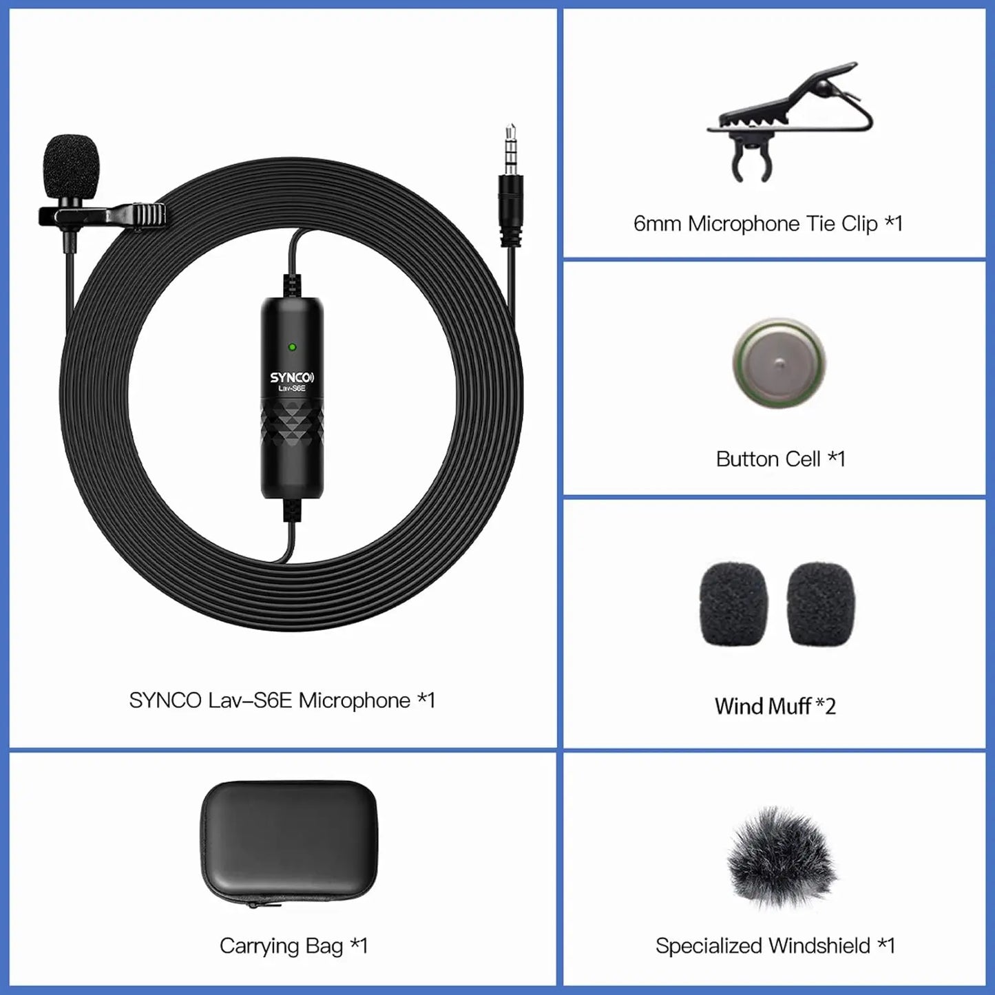 Synco 6m Lavalier Microphone, Lav-S6E Lapel Microphone with Clip Omnidirectional Capacitor Mini Clip Microphone with Cable