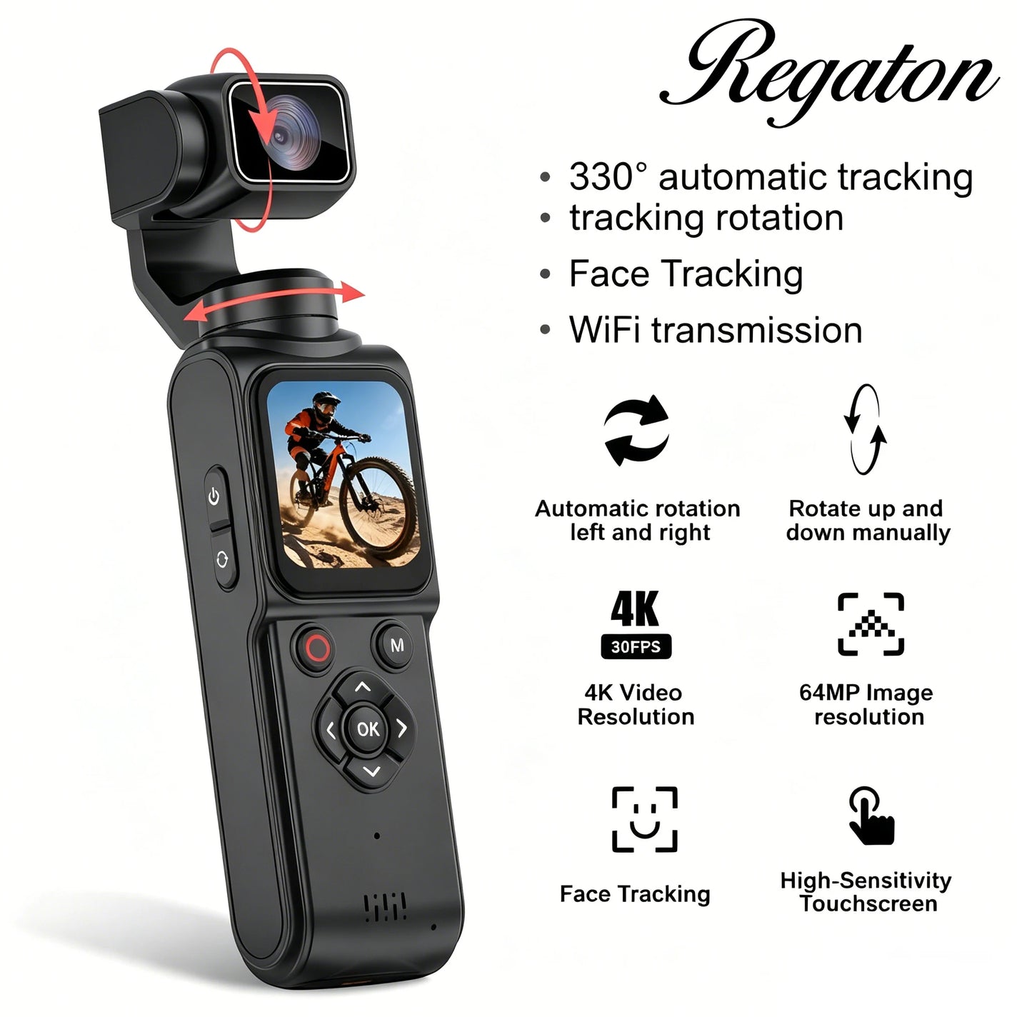 Regaton 4K Action Camera 330° Face Tracking Gimbal Stabilizer 1.72 Inch Touch Screen 64MP Pocket Digital Camera WiFi Sports DJ