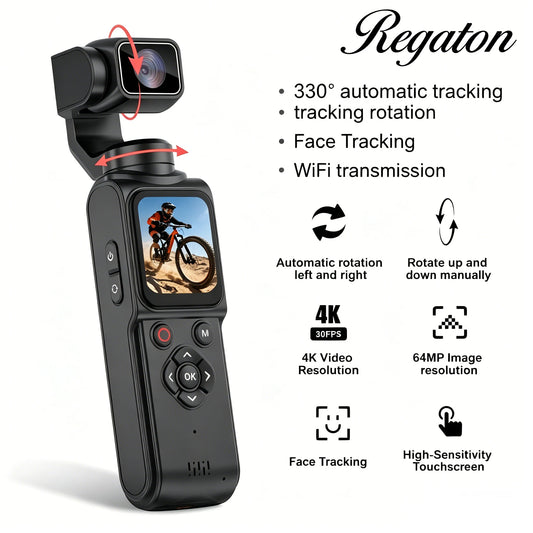 Regaton 4K Action Camera 330° Face Tracking Gimbal Stabilizer 1.72 Inch Touch Screen 64MP Pocket Digital Camera WiFi Sports DJ