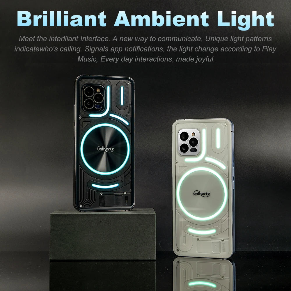 Unihertz Luna Smartphone Rhythm Ambient LED strip Music Phone 8GB RAM 256GB ROM 108MP G99 Mobile Phone Night Vision Cellphone
 4G Android smartphone featuring a transparent back with RGB "Loop Breathing Light" LED strips that