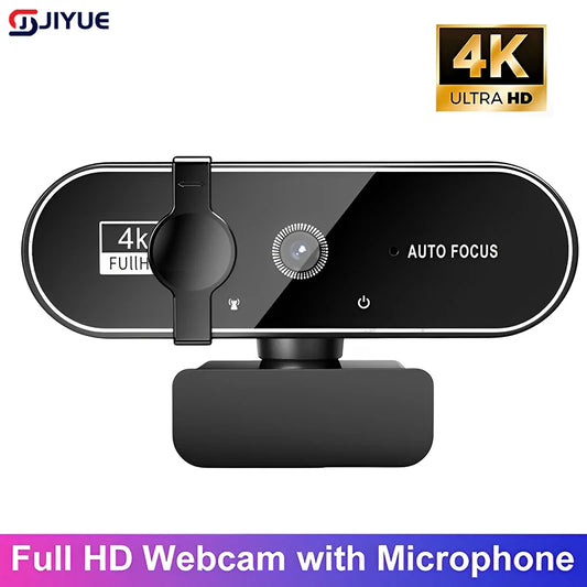 4K webcam by JIYUE with auto focus and built-in microphone, black-silver finish on a detachable mounting stand