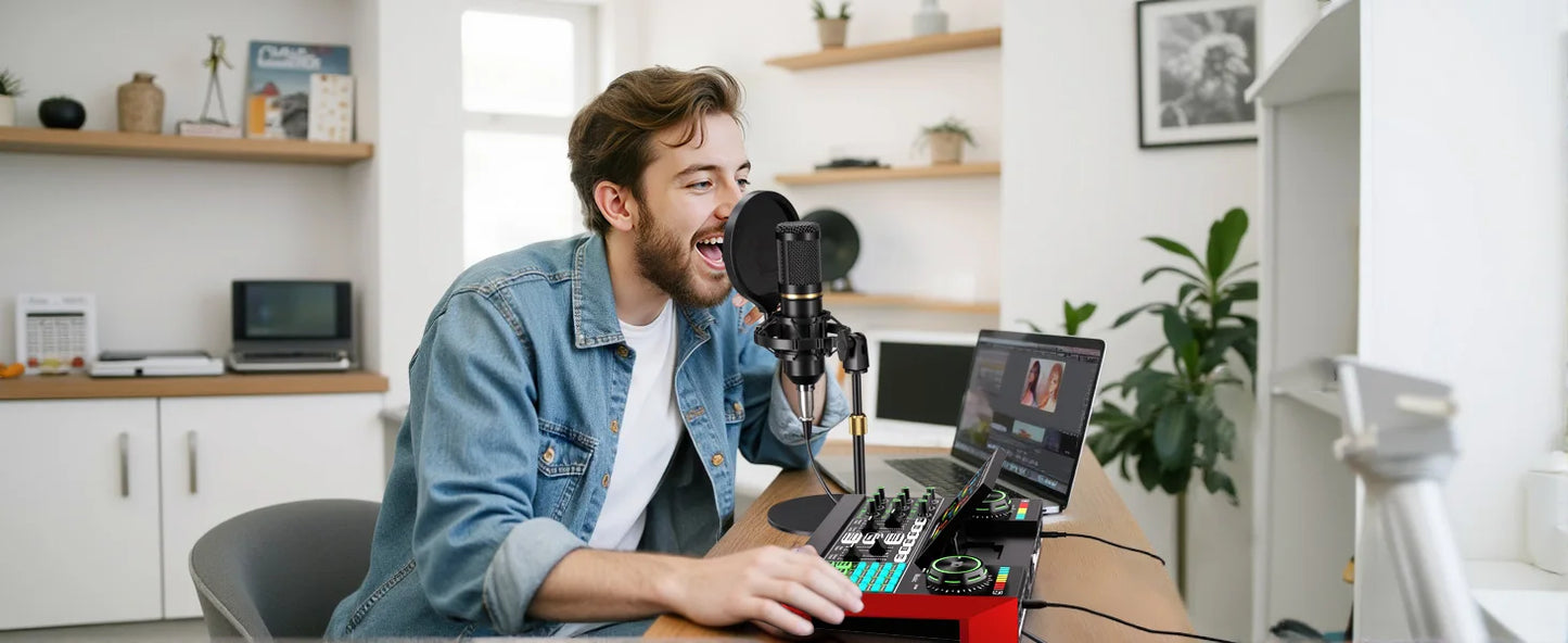Portable audio mixer bundle with condenser microphone for podcasting by Perfect Take Gear, on a desk with laptop.