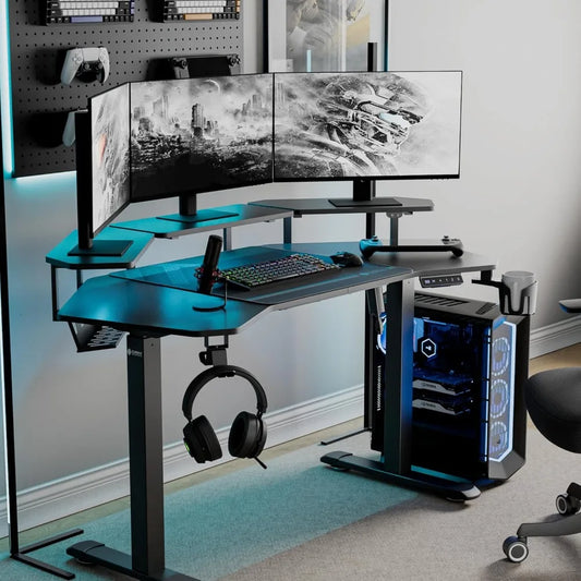 Electric Standing Desk, Height Adjustable Computer Gaming Desk with LED Monitor Shelf,