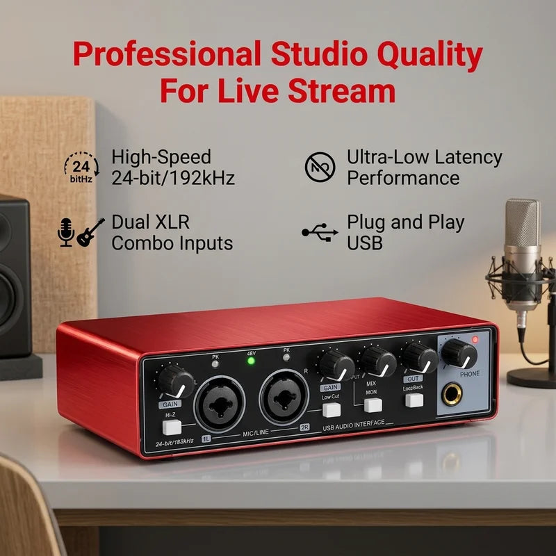 NXG MD21 USB audio interface with red aluminum chassis, dual XLR combo mic inputs, 24-bit/192kHz