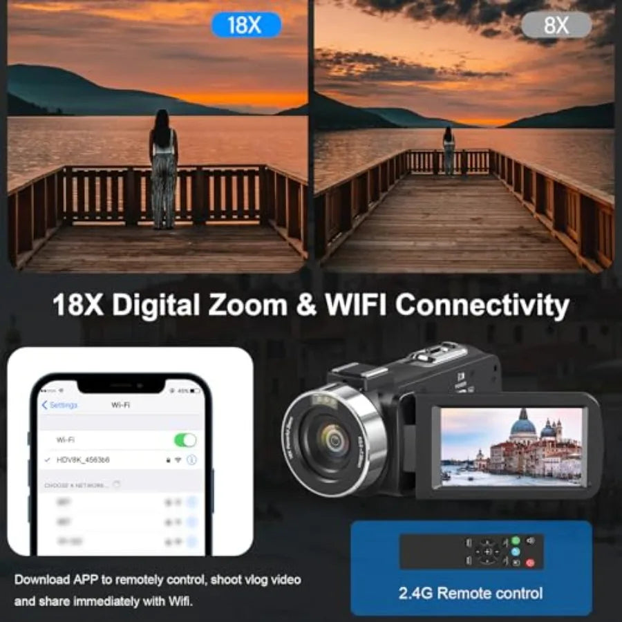 YouTube vlogging camera with 8K/64MP resolution, 18x digital zoom, IR night vision, WiFi, 3.0 touch screen, 32GB SD card, remot