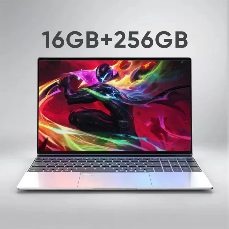 Laptop with colorful display and text '16GB+256GB' on a gray background