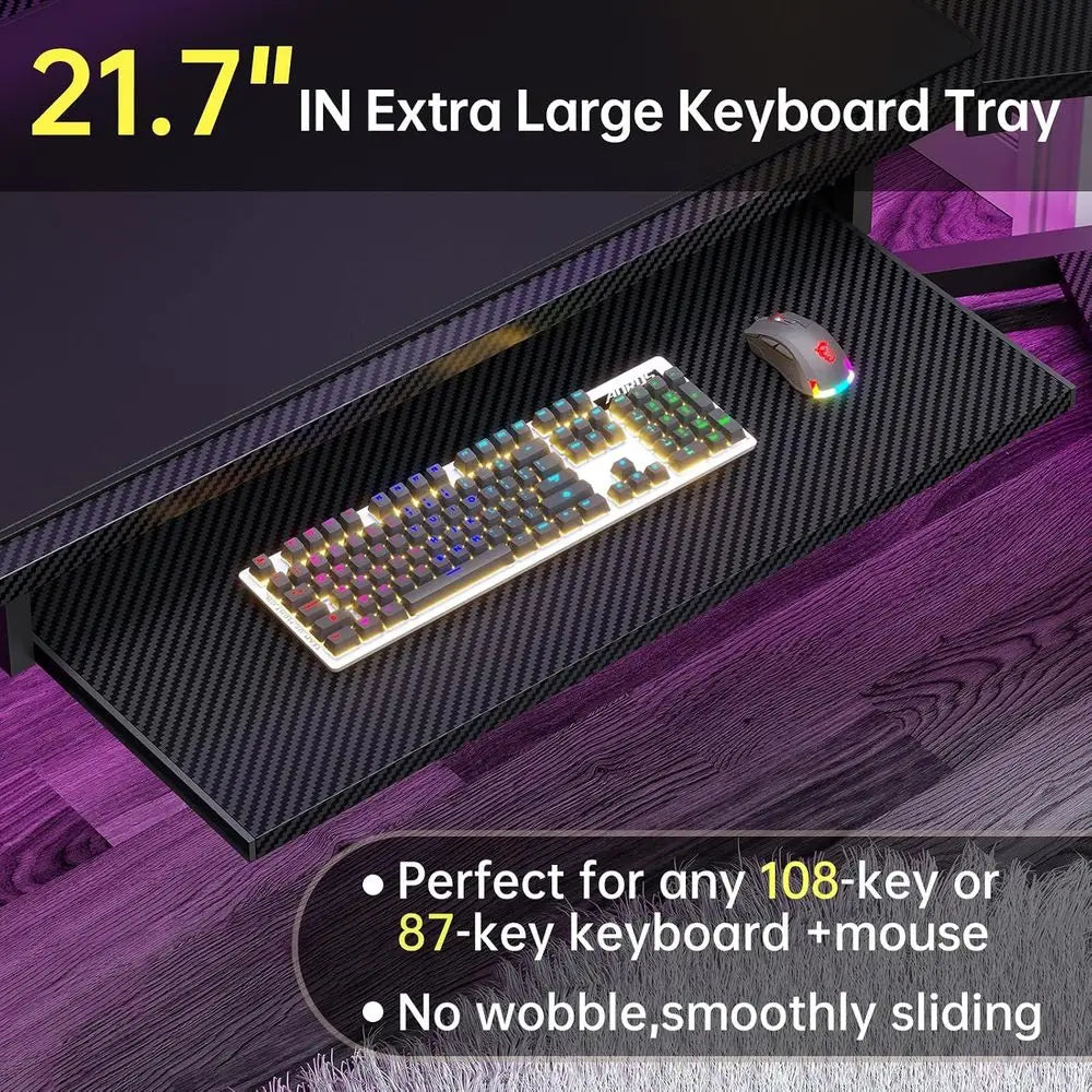 79 Inch L Shaped Gaming Desk With Carbon Fiber Top And Led Lights