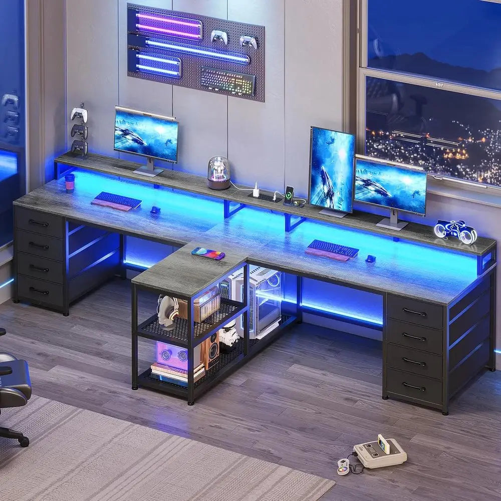 94.5-inch 2-person gaming desk with blue LED lighting, dual-monitor setup, and built-in storage
