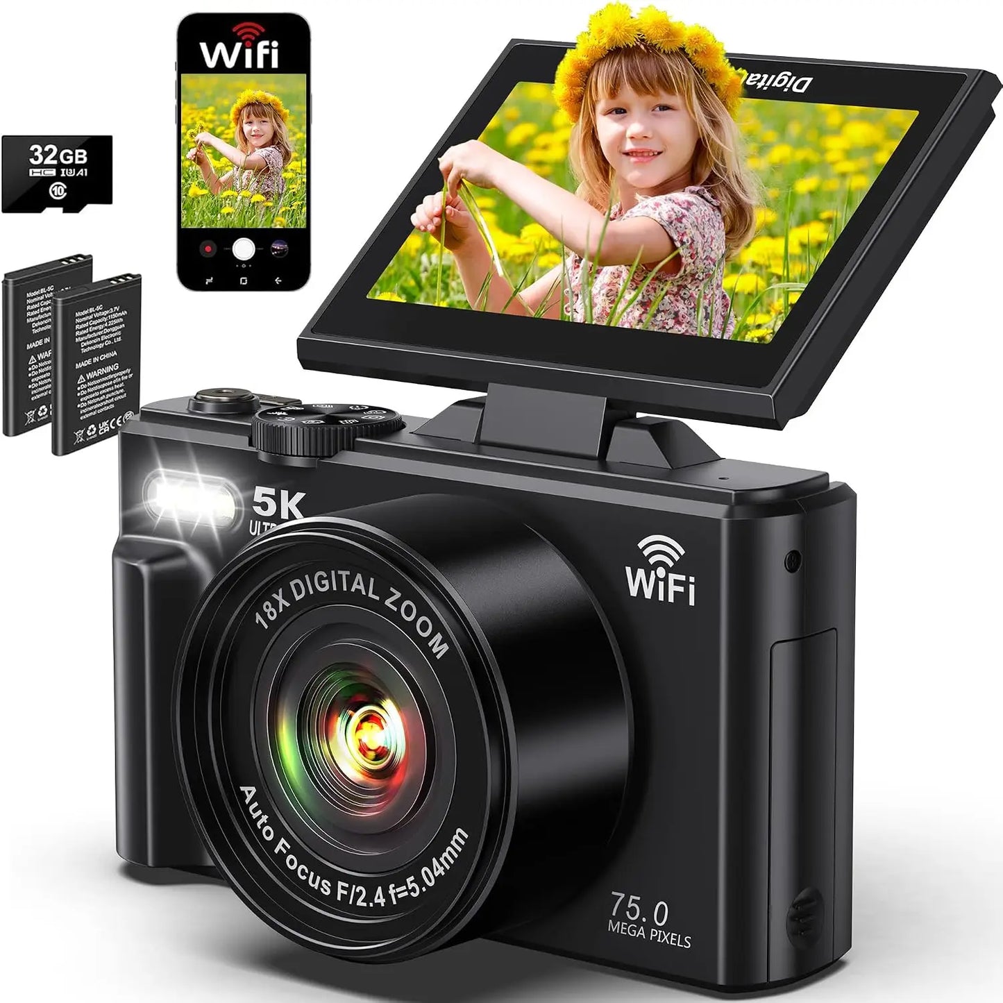 5K UHD Vlogging Camera with 75MP Photo, WiFi Autofocus, 3" 180° Flip Screen, 18X Zoom, 32GB Card & Batteries for YouTube Beginners