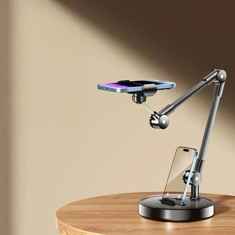 Adjustable metal phone desktop stand with ergonomic grip; holds 2 phones for vlogging, black base and silver arm.