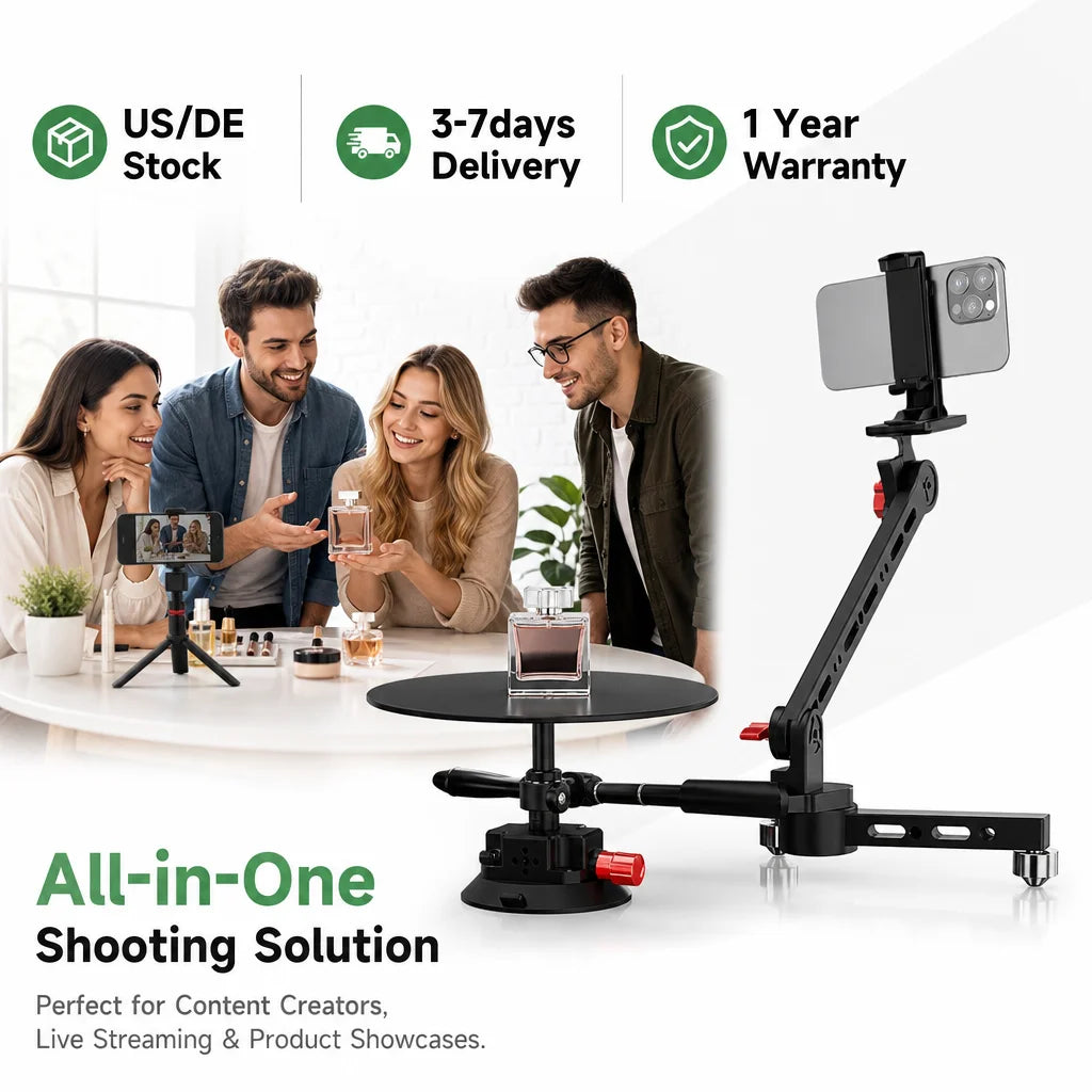 360° Panoramic Shooting Stand Rotating Photography Turntable with Telescopic Arm & Suction Cup Base for Product Video Shooting