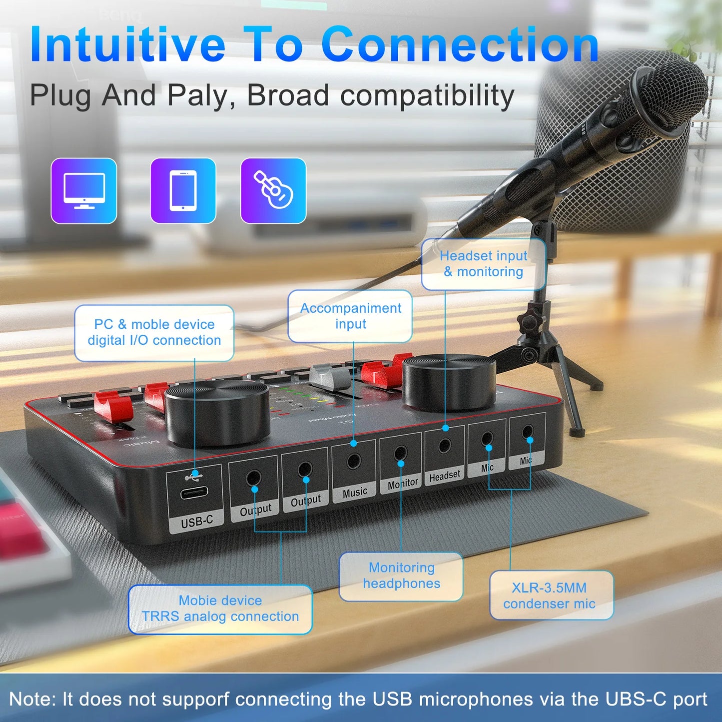 Podcast Equipment Bundle, All-in-One Audio Interface DJ Mixer with 2 Condenser Microphones, Recording Studio Kit Live Sound Card for Singing Broadcast, Live Streaming, Gaming