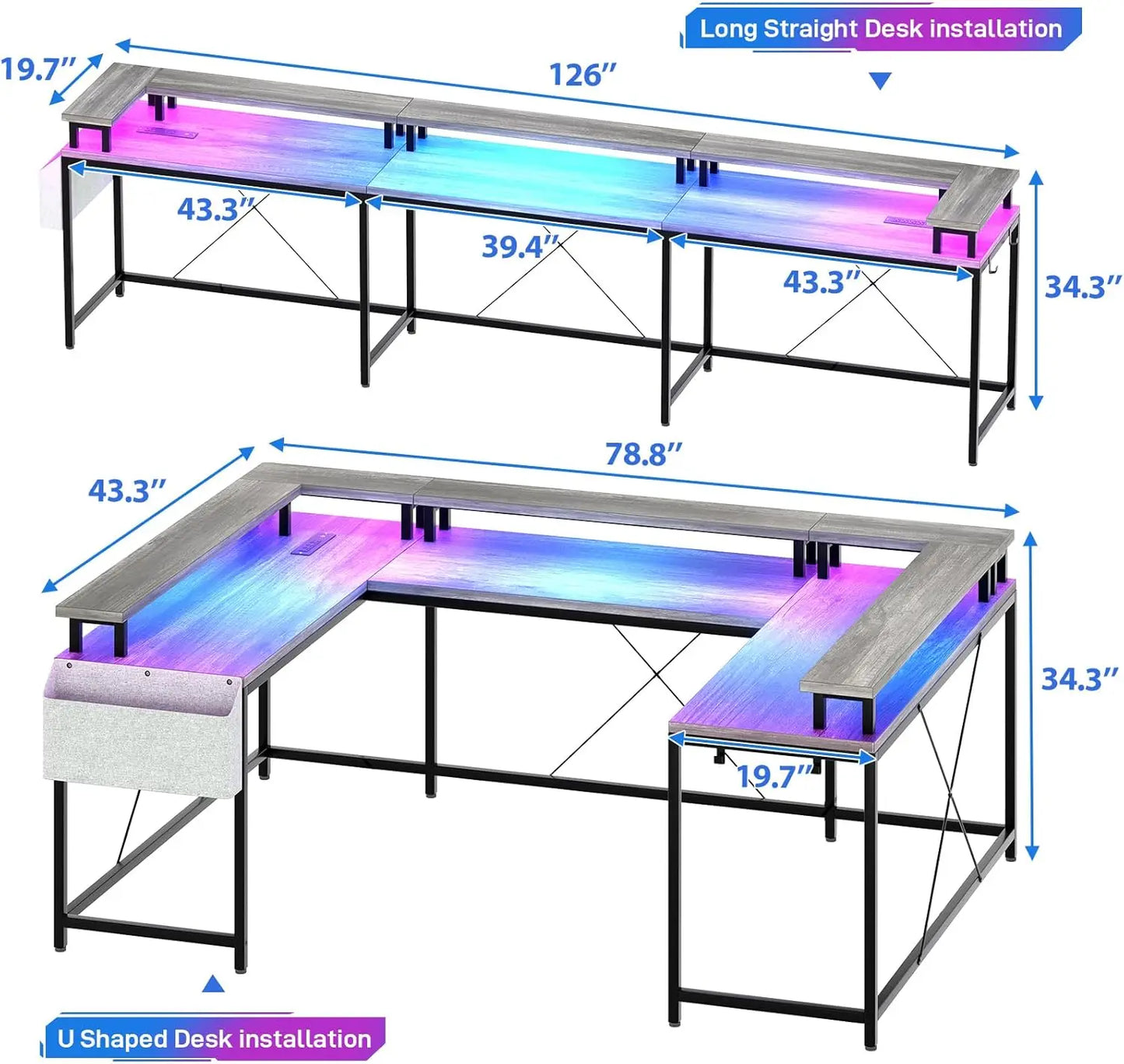 U Shaped Gaming Desk with Monitor Stand Storage Shelves, Corner Computer Desk with 2 Power Outlet Adjustable RGB Color LED Light