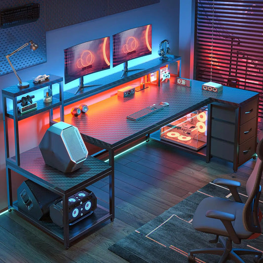 71" L Shaped Gaming Desk with 3 Drawers & Hutch,Computer Desk with Monitor Stand & Power Outlet,Home Office Desk, Customized