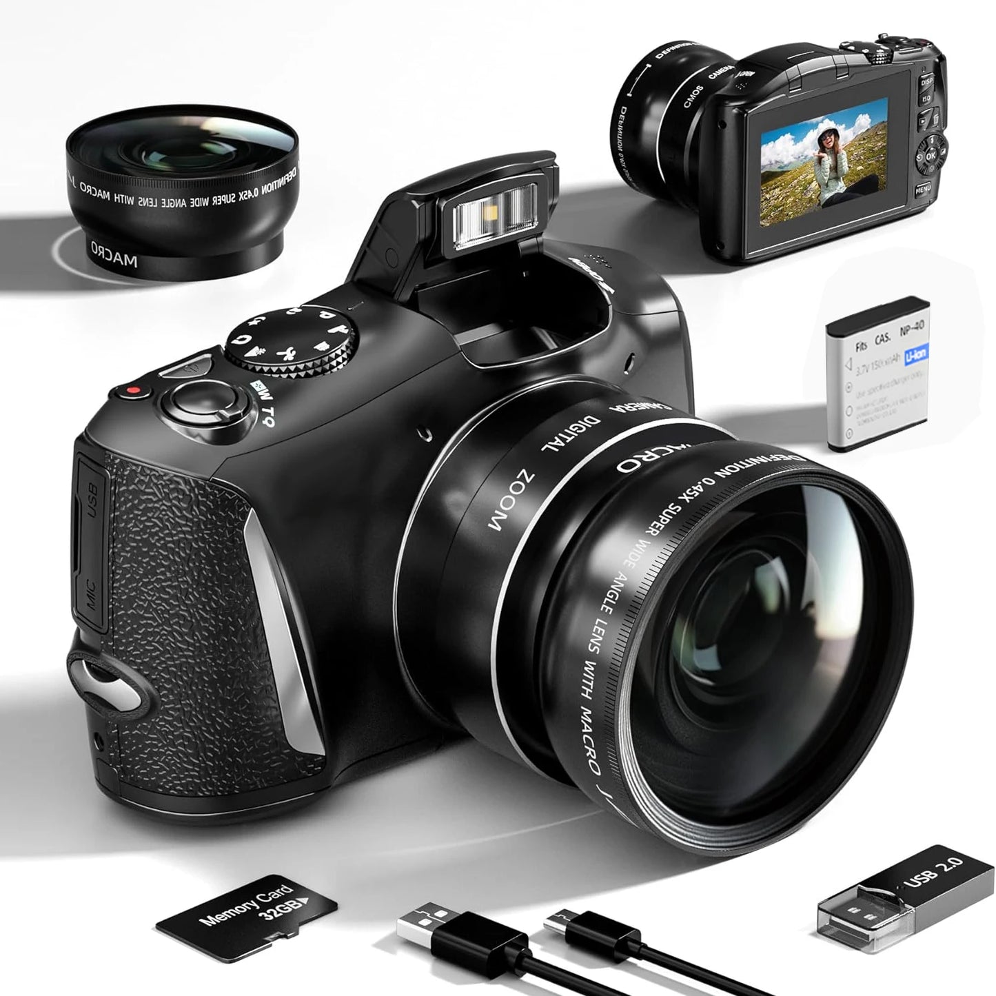 NBD 4k digital camera with optical image stabilization and wide angle lens
