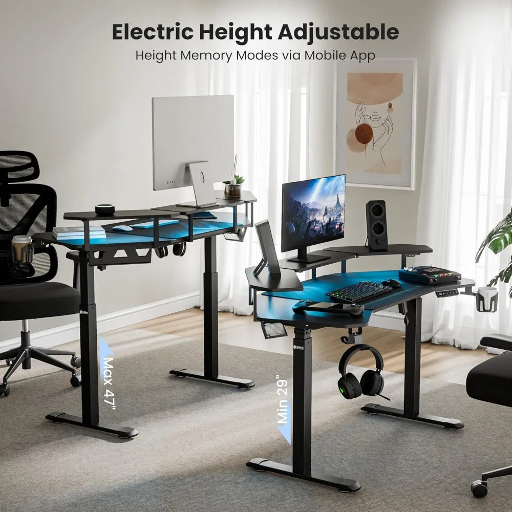 Electric Standing Desk, Height Adjustable Computer Gaming Desk with LED Monitor Shelf,