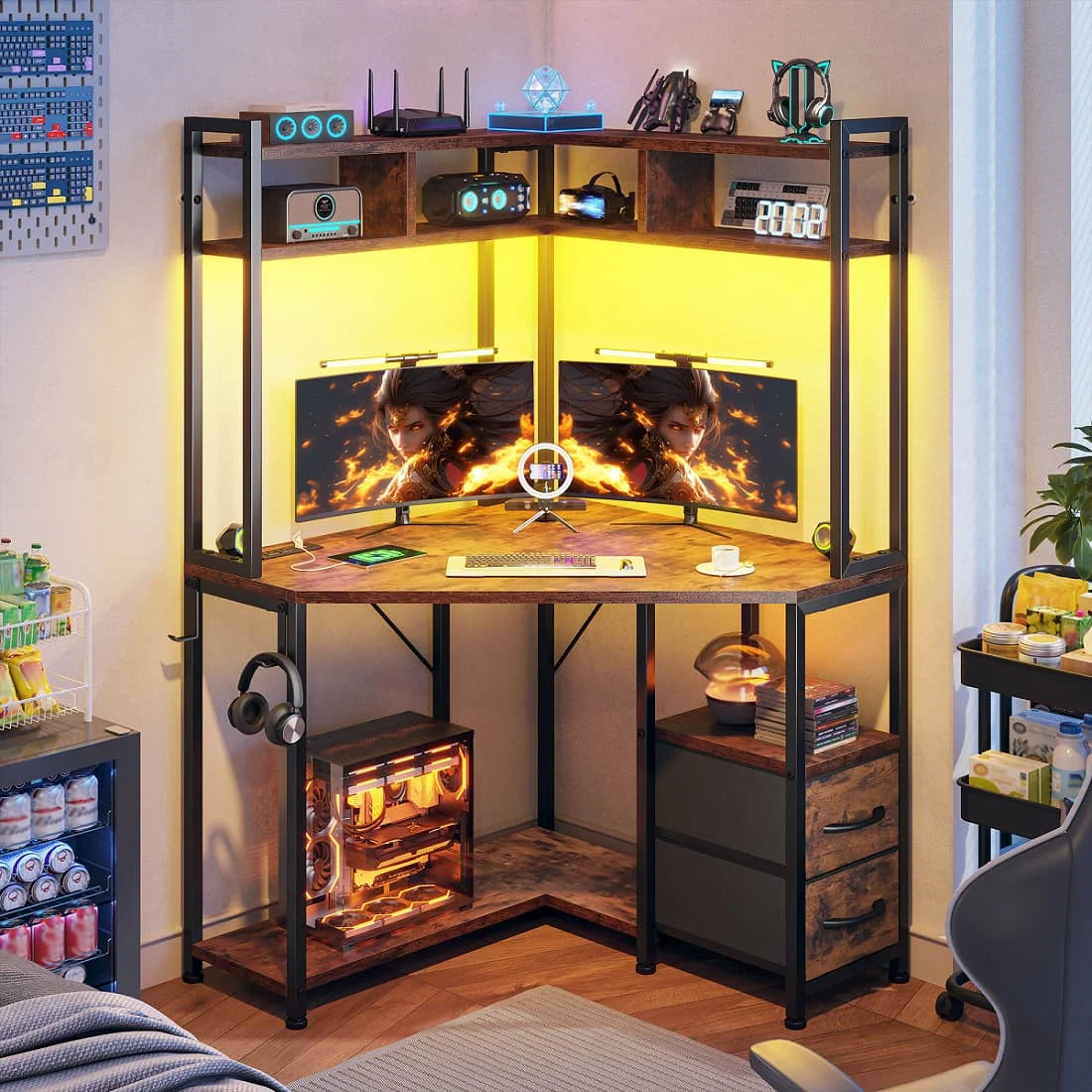 Corner Computer Desk with Power Outlets & LED Lights Gaming Desk with Storage Drawers & Shelves and Hook for Small Space