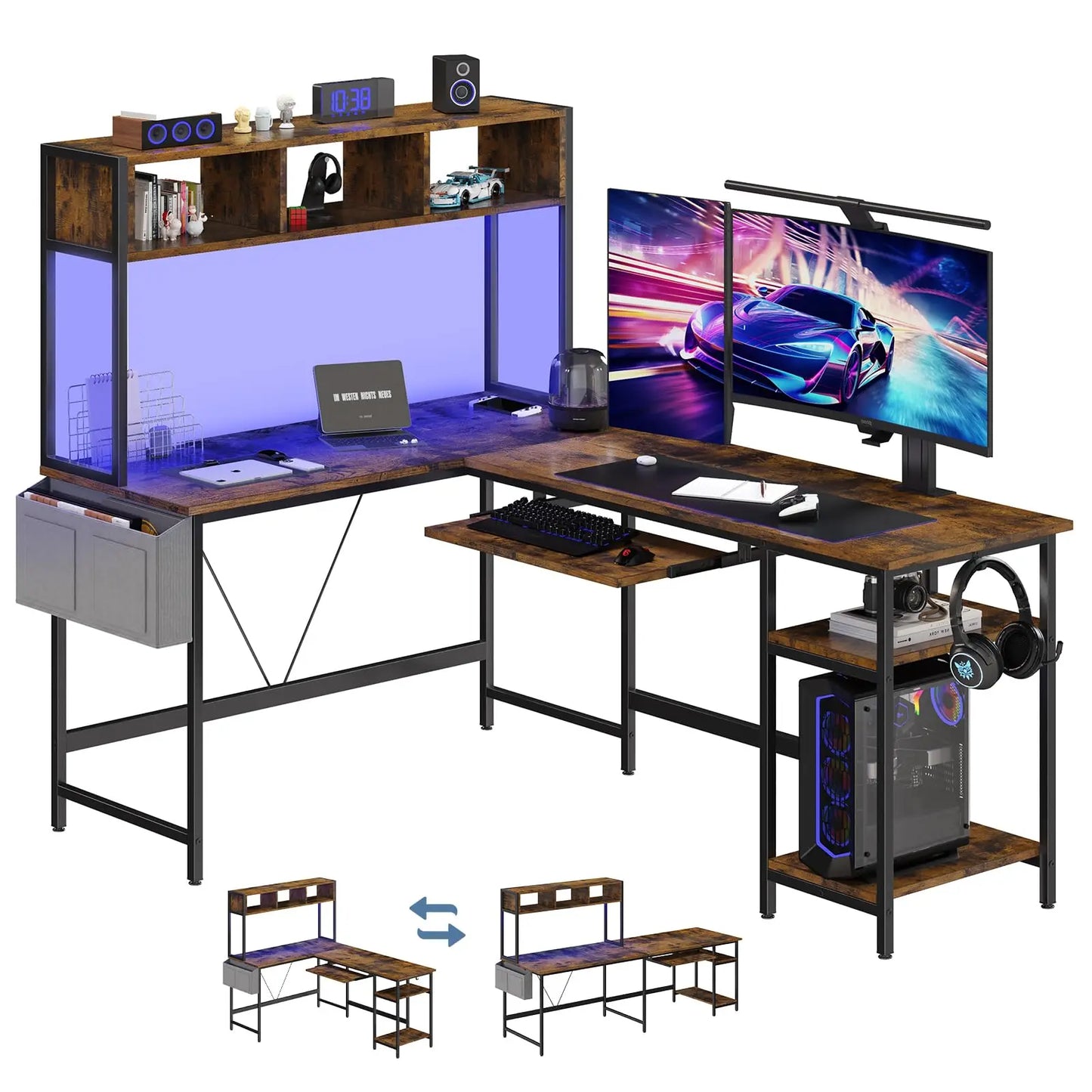 JHK 67in L‑Shaped Gaming Desk with LED lighting, keyboard tray and storage shelves; wood finish top, black metal frame
