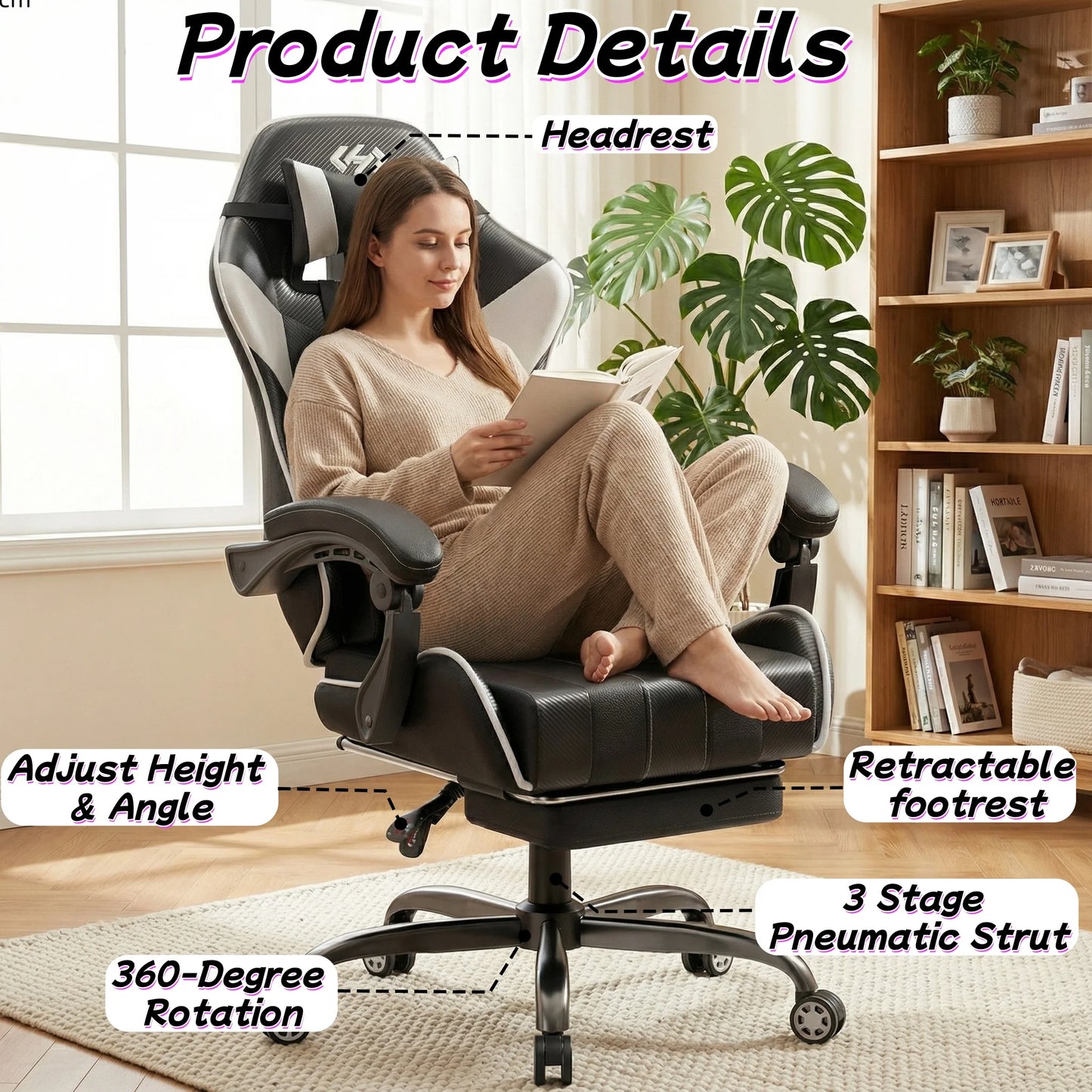 Ergonomic Gaming Chair, Lumbar Massage & Adjustable Headrest, Leather with Retractable Footrest and 360° Swivel, Multiple Colors