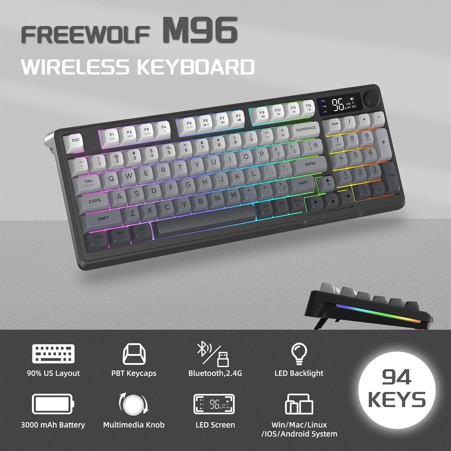 M96 Wireless Gaming Keyboard Creamy Membrane with Rainbow Backlight, Media Knob, LCD Screen, Dual Mode-Bluetooth/2.4Ghz,Ball Shape, Multiple colors
