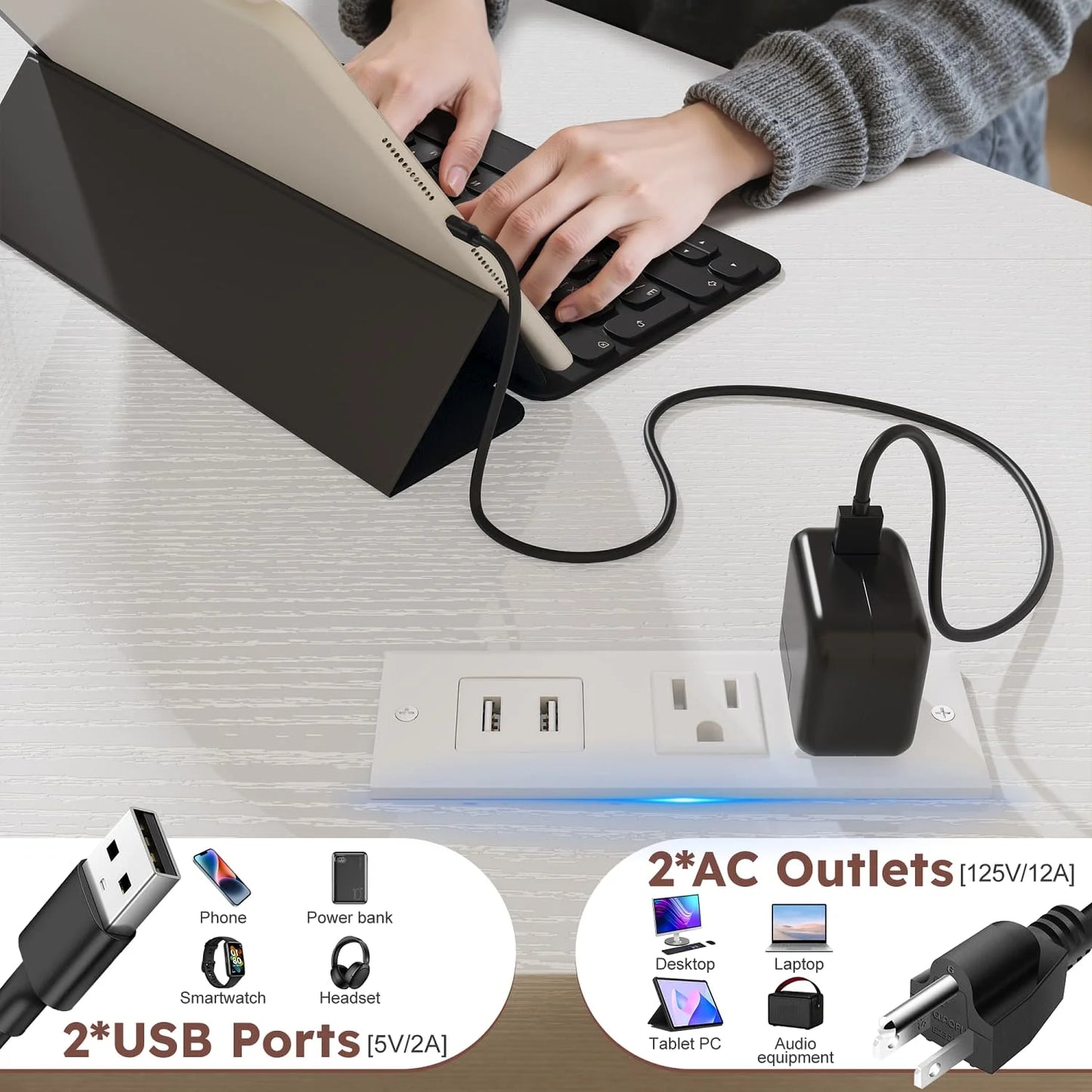 Corner Computer Desk with Power Outlets & LED Lights Gaming Desk with Storage Drawers & Shelves and Hook for Small Space