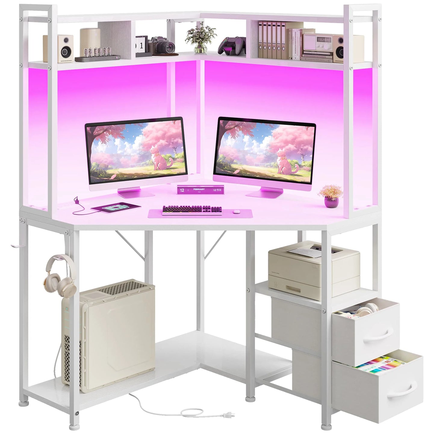 Corner Computer Desk with Power Outlets & LED Lights Gaming Desk with Storage Drawers & Shelves and Hook for Small Space
