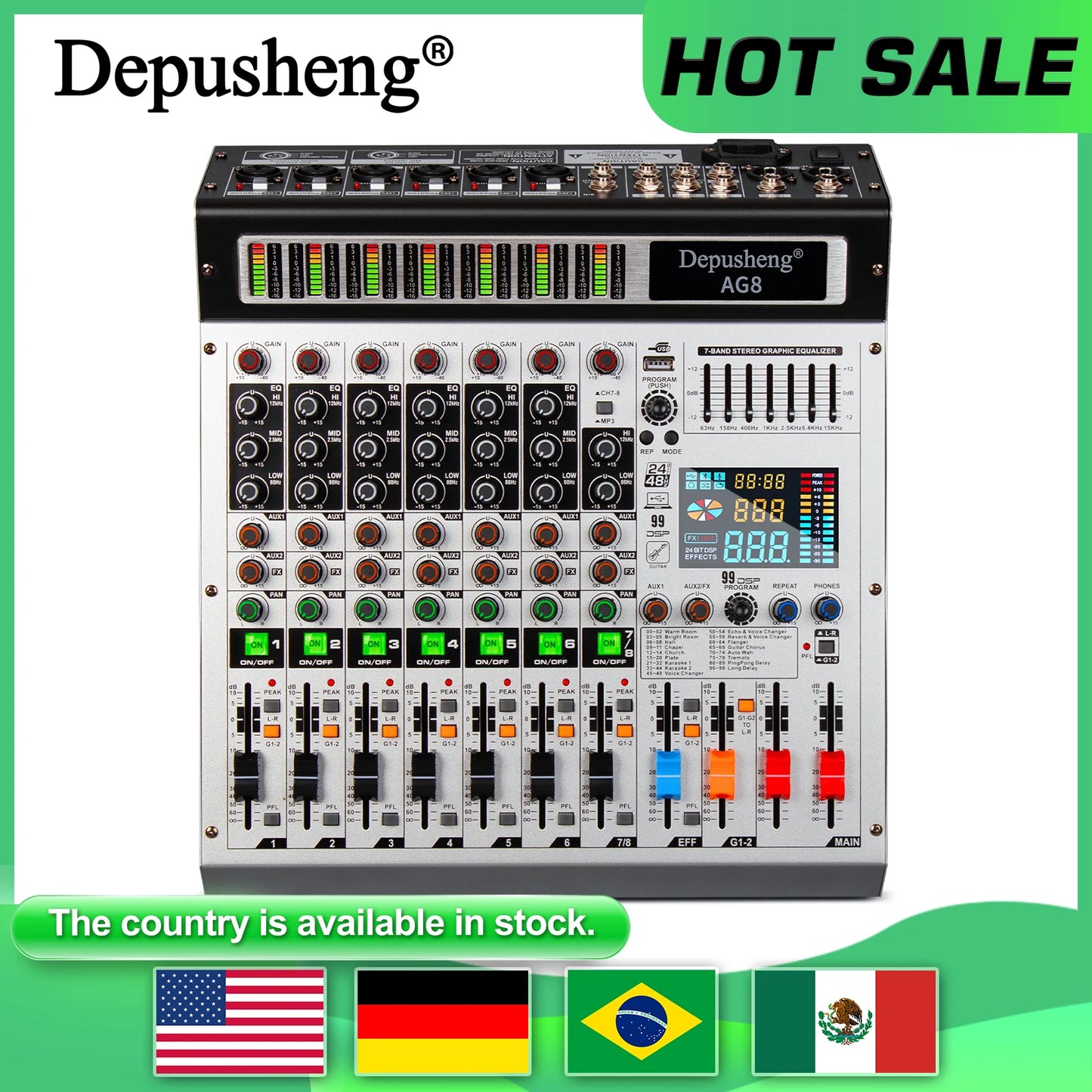 Depusheng AG8 8 Channel Mixer Professional audio console mixer DJ console for audio stage 99 DSP digital effects