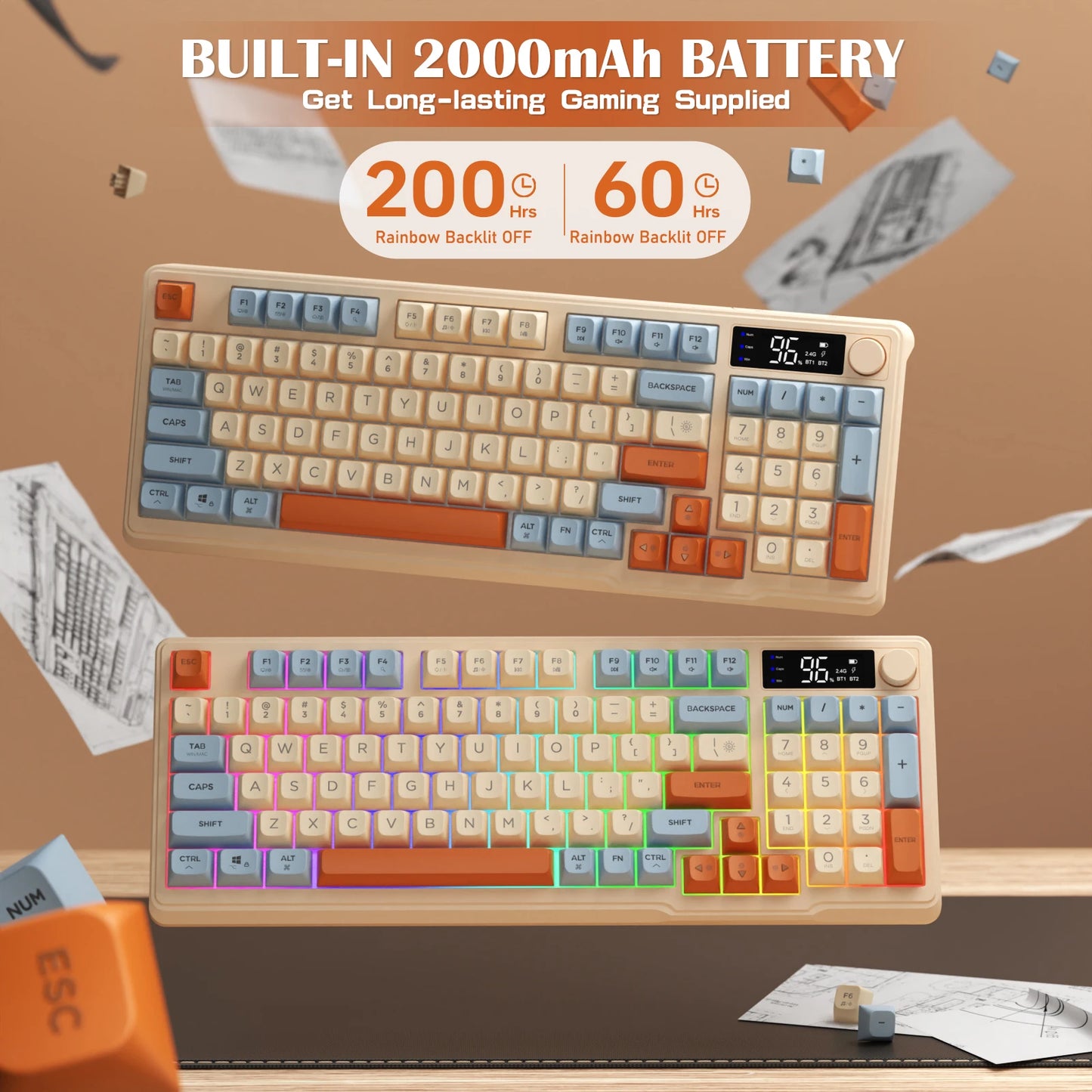 ZIYOU LANG Wireless Gaming Keyboard with Display Screen & Knob, Bluetooth/2.4GHz Quiet Membrane Keyboard, 3000mAh Rechargeable Multiple Flavors