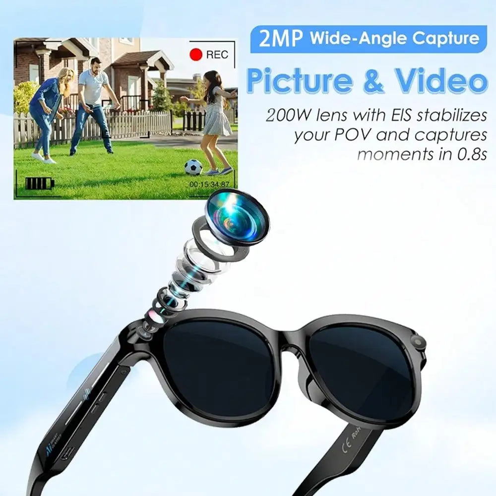 SENBONO New AI Smart Glasses for Men Women 2MP HD Camera 1080P 4K Video AI Voice Assistant Translator Music Playback Sunglasses