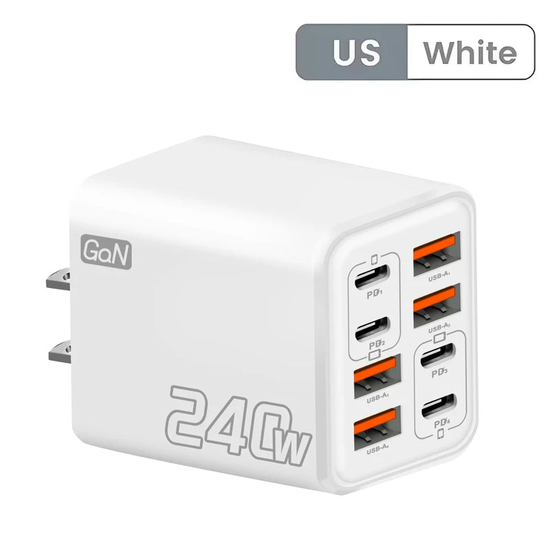 240W GaN USB C Charger 8 in 1 Fast Charging Phone Charger Power Adapter For iPhone Samsung Xiaomi Type C EU/US Plug Wall Charger **Ships from China**