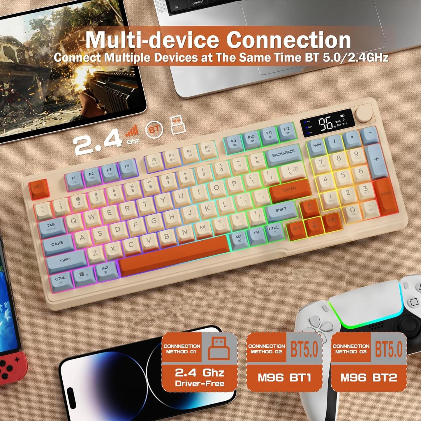 ZIYOU LANG Wireless Gaming Keyboard with Display Screen & Knob, Bluetooth/2.4GHz Quiet Membrane Keyboard, 3000mAh Rechargeable Multiple Flavors